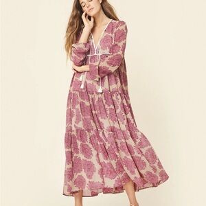 Christy Dawn S Paloma Floral V-Neck Dress in Burgundy and Beige